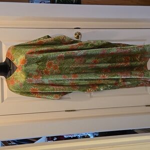 Vintage Kaftan Maxi Dress Free Size VNeck Green Floral Paisley Print Loungewear